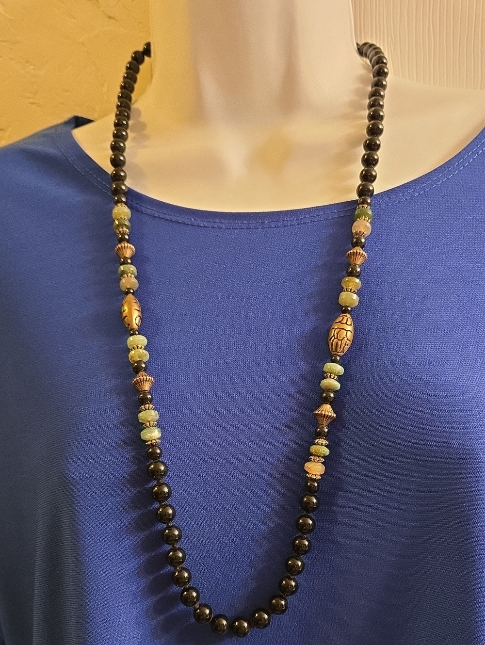 Long Black Onyx, Jade and Labradorite Bead Necklace